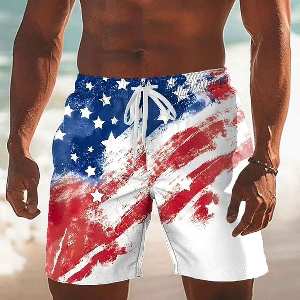 Hot Selling Top Grade Flag Print Hawaiian Board Shorts, Men Casual Beach Shorts for Holiday & Summer Seaside Wear Daily Leisure