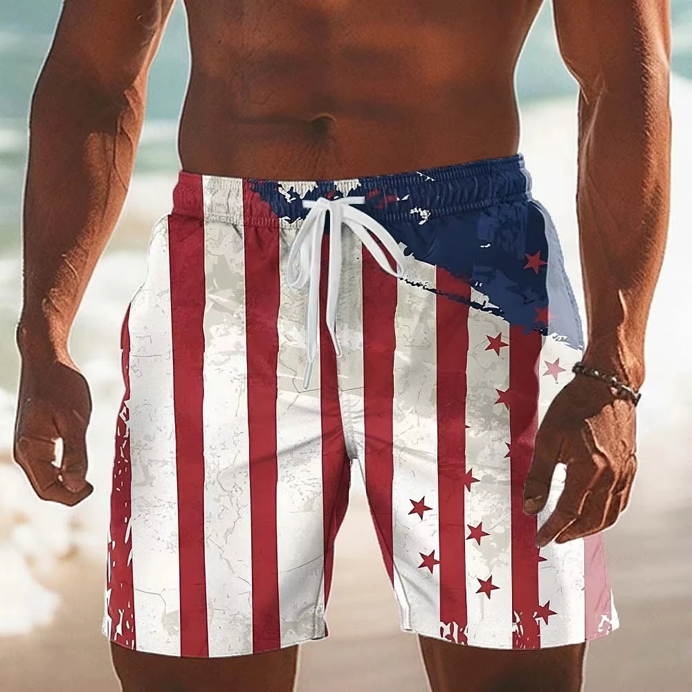 Hot Selling Top Grade Flag Print Hawaiian Board Shorts, Men Casual Beach Shorts for Holiday & Summer Seaside Wear Daily Leisure