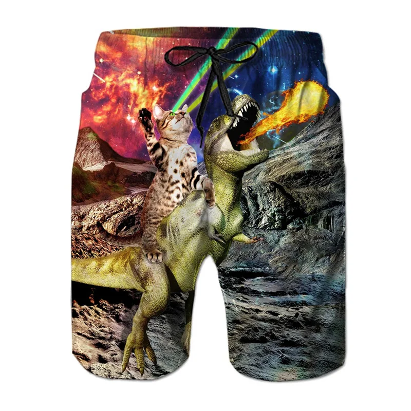 Fun Dinosaur and Cat Pattern Beach Shorts, Men's 3D Printed Animal Surfboard Shorts, Hawaiian Swim Trunks, Summer Shorts