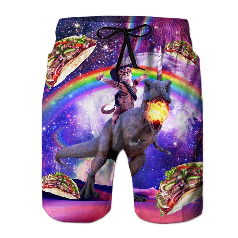 Fun Dinosaur and Cat Pattern Beach Shorts, Men's 3D Printed Animal Surfboard Shorts, Hawaiian Swim Trunks, Summer Shorts