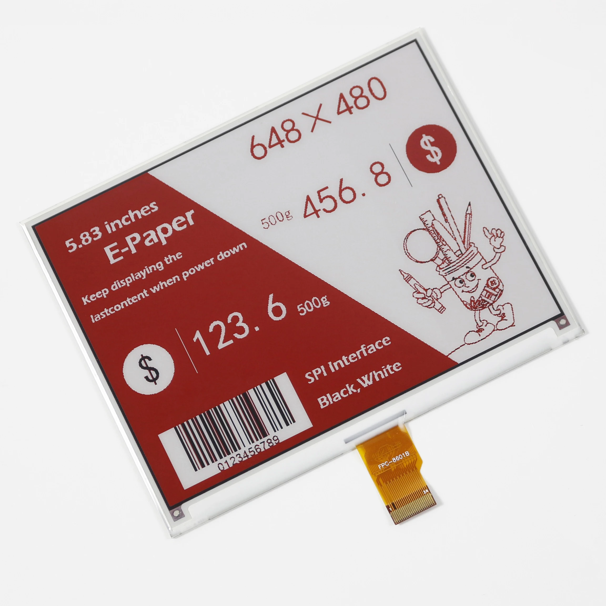 5.83-inch 24Pin e-ink screen 648x480 black, white and red e-paper display Spi interface FPC-8601B