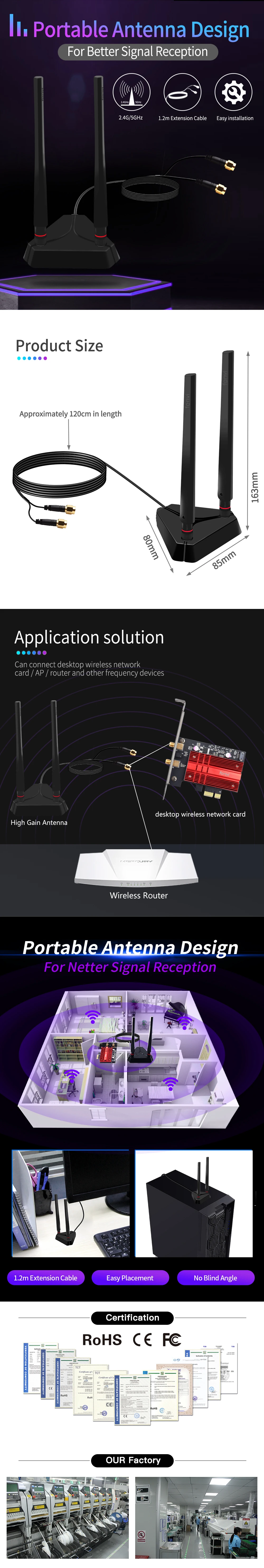 FENVI Extended Base Antenna High Gain Dual Band 2.4G/5Ghz For AX210 AX200 9260 WiFi Card Desktop PCIe Adapter Wireless Router AP
