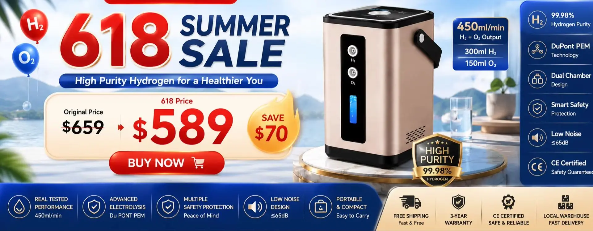 Suzyeko Hydrogen Oxygen Inhalation Machine 450ml/min H2 Generator 99.98% Purity SPE PEM Technology Home Use