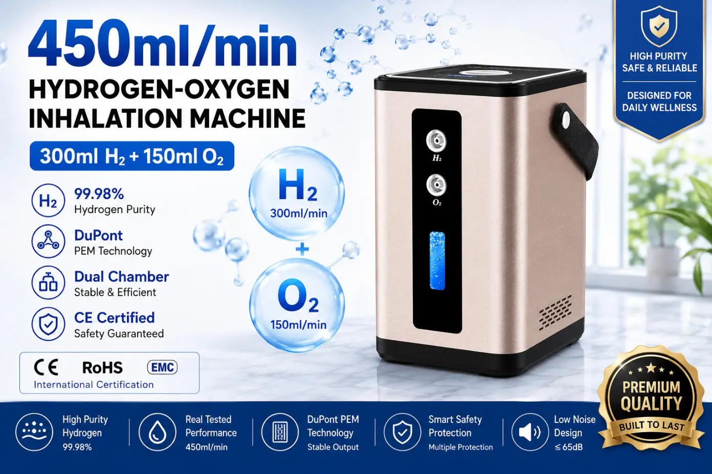 Suzyeko Hydrogen Oxygen Inhalation Machine 450ml/min H2 Generator 99.98% Purity SPE PEM Technology Home Use