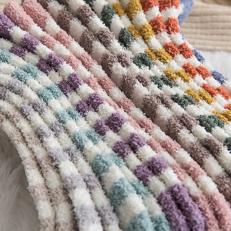 Socks Women Striped Fluffy Coral Velvet Thick Warm Winter Socks Girls Indoor Floor Towel Sock Breathable Woman Cute Soks Meias