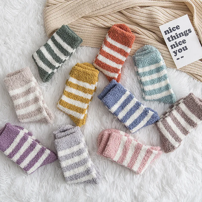 Socks Women Striped Fluffy Coral Velvet Thick Warm Winter Socks Girls Indoor Floor Towel Sock Breathable Woman Cute Soks Meias