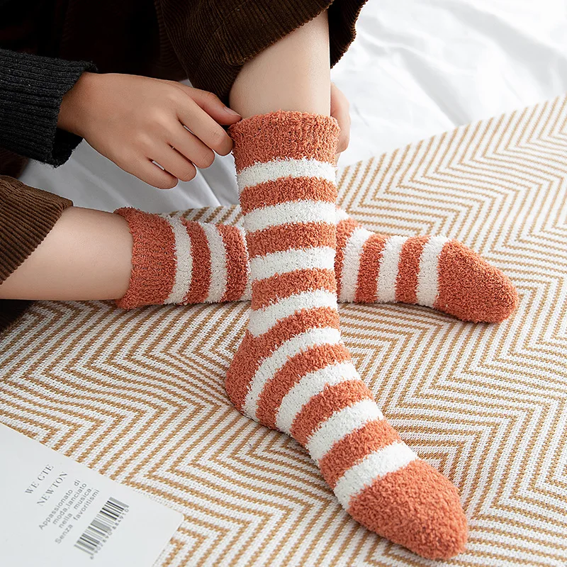 Socks Women Striped Fluffy Coral Velvet Thick Warm Winter Socks Girls Indoor Floor Towel Sock Breathable Woman Cute Soks Meias