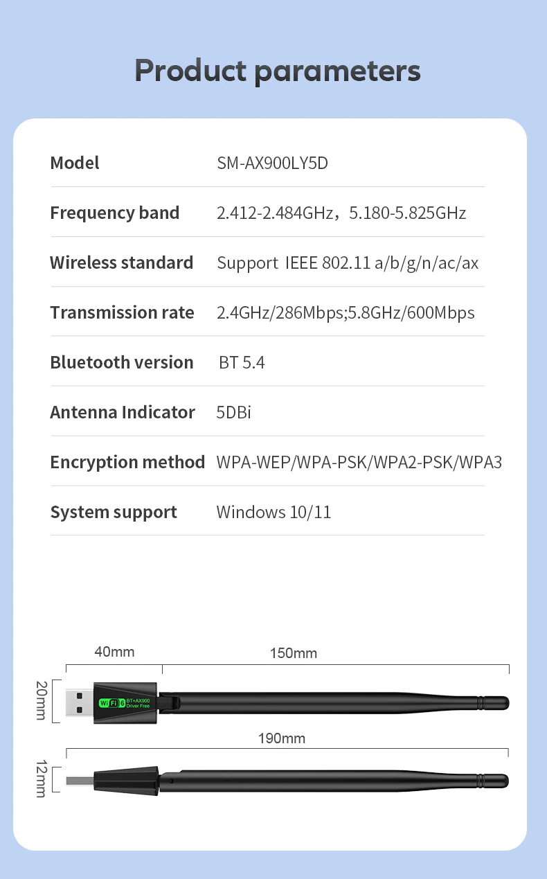 KEBIDUMEI USB WiFi Adapter WIFI6 AX900/AX300 802.11AX Wireless Network Card 2.4G 5G Bluetooth 5.4 Receiver 900Mbps For PC/Laptop