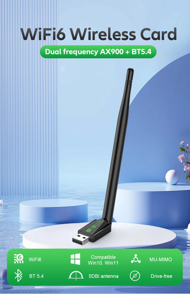 KEBIDUMEI USB WiFi Adapter WIFI6 AX900/AX300 802.11AX Wireless Network Card 2.4G 5G Bluetooth 5.4 Receiver 900Mbps For PC/Laptop