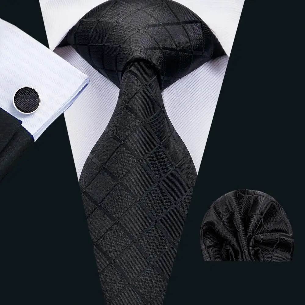 Black Solid Plaid Silk Wedding Tie For Men Handky Cufflink Gift Mens Necktie Fashion Design Business Party Dropshiping Hi-Tie