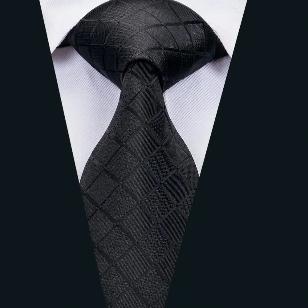 Black Solid Plaid Silk Wedding Tie For Men Handky Cufflink Gift Mens Necktie Fashion Design Business Party Dropshiping Hi-Tie