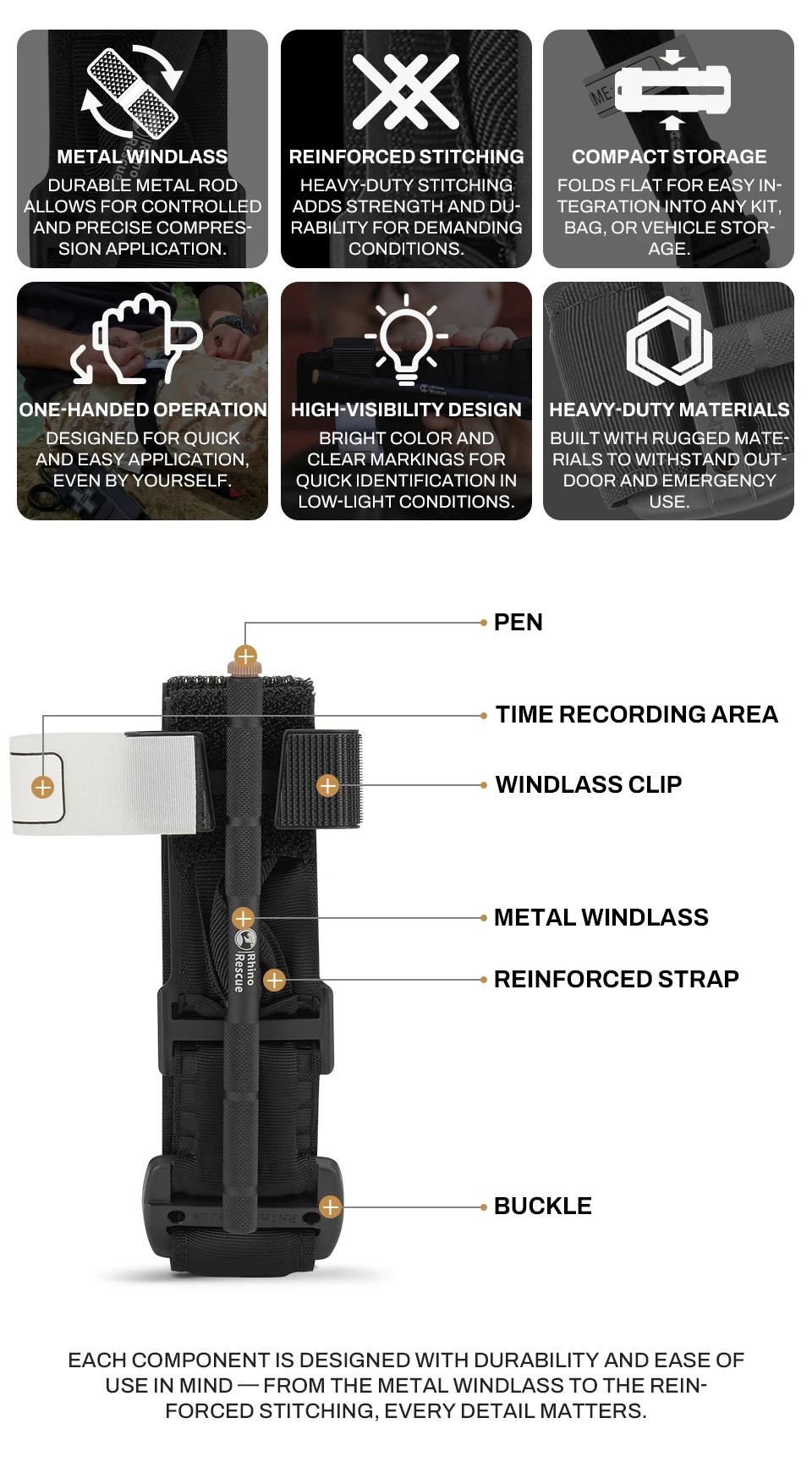 Metal Tourniquet, 3 X 95CM, Metal Turnstile, Rhino Rescue Tactical Combat Rotating Medical Emergency Strap, Trauma IFAK Gear