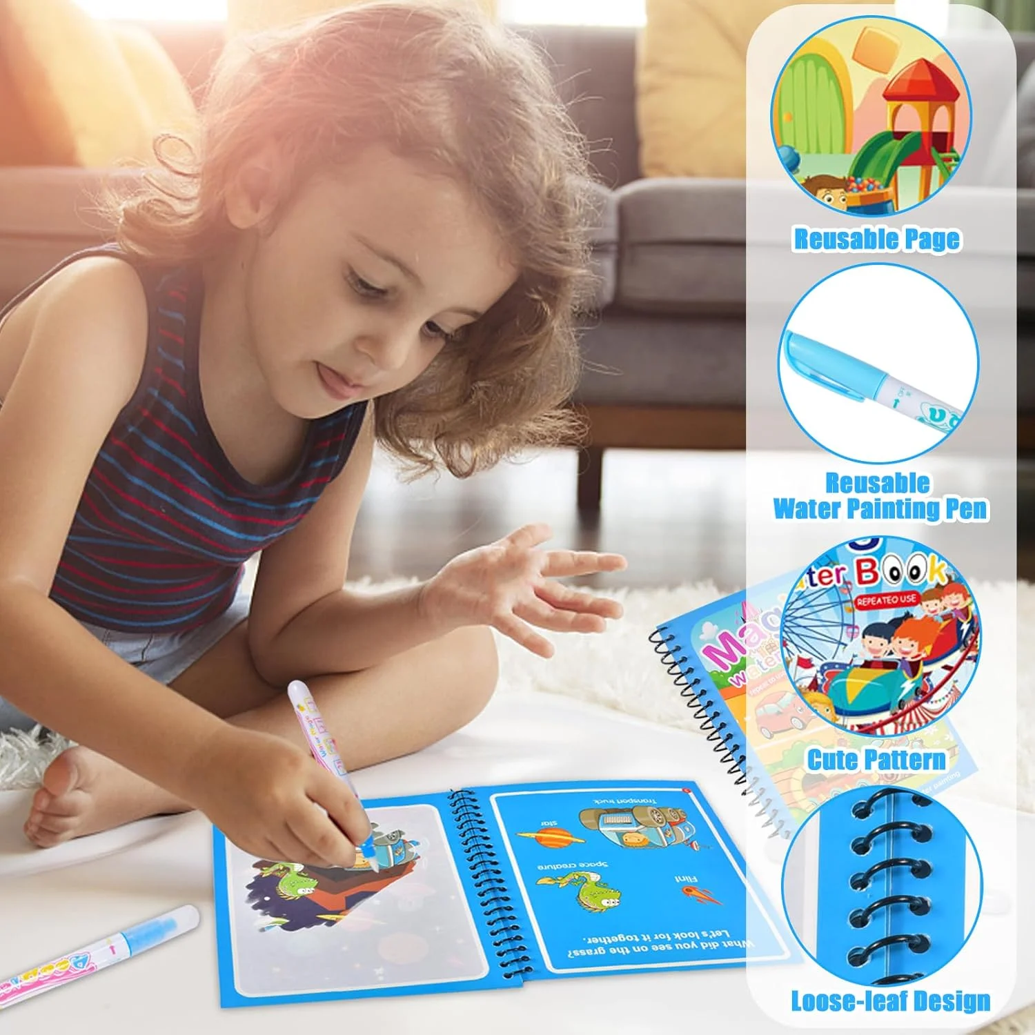 1pc Reusable Water Drawing Book Magic Water Book Mess-Free Magic Painting Pad with Refillable Water Pen Learning Education Toy