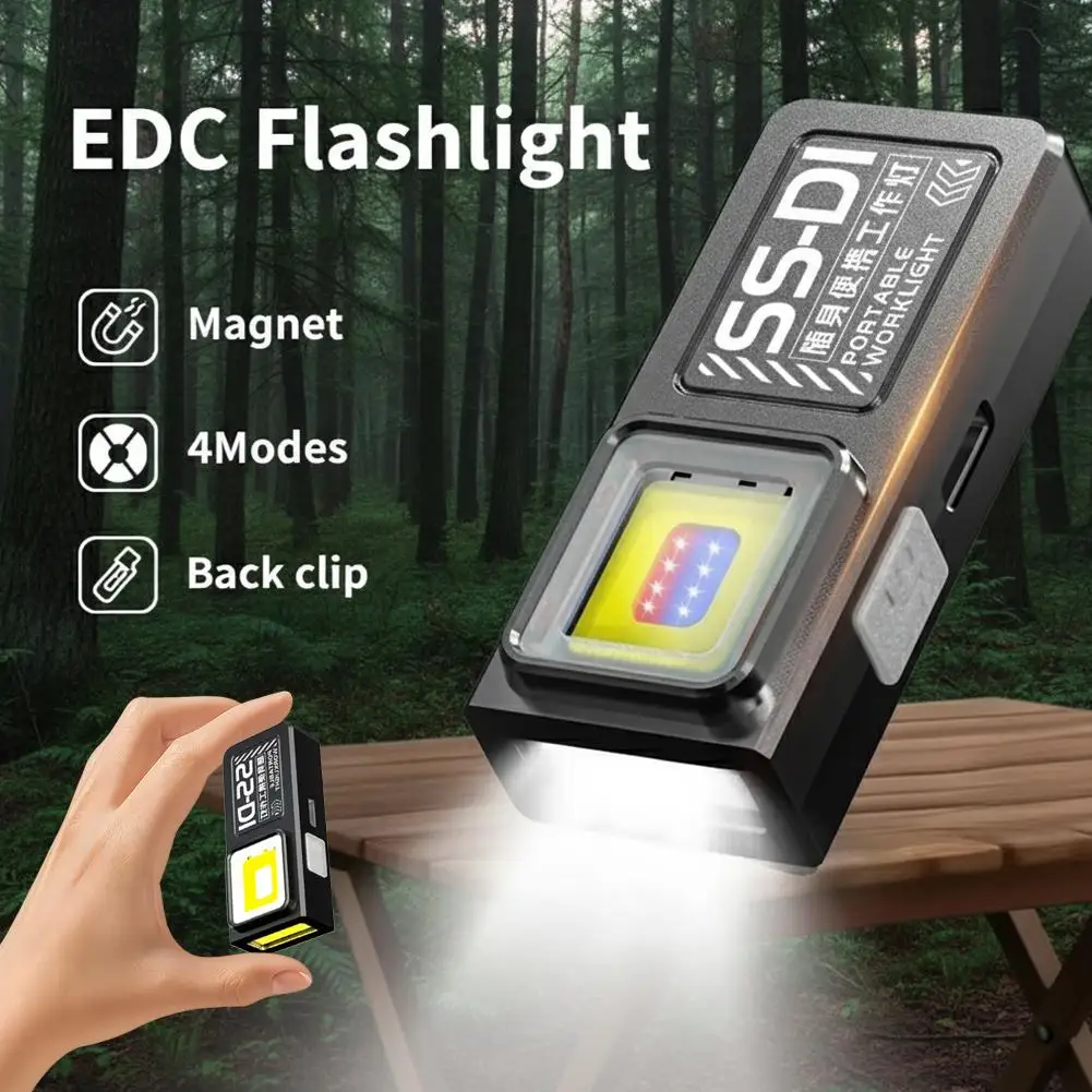 Powerful Mini COB LED Keychain Flashlight USB C Rechargeable Hanging Work Light Waterproof Keyring Camping Walking Pocket Lamp