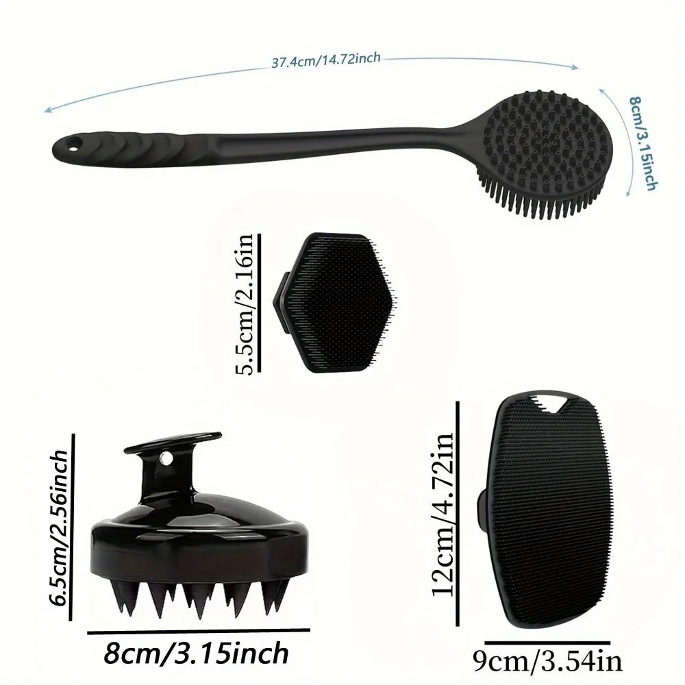 A four-piece bath brush set that can be used for back, face, body and head massage.