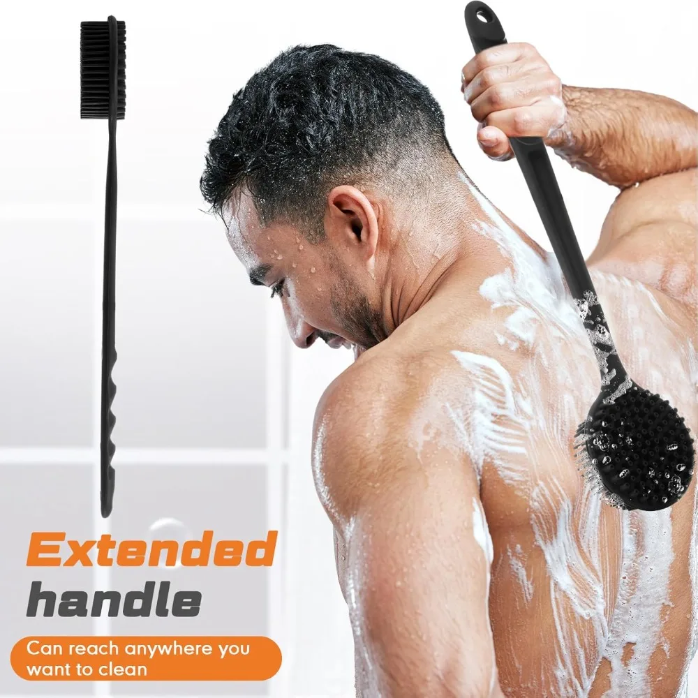 A four-piece bath brush set that can be used for back, face, body and head massage.