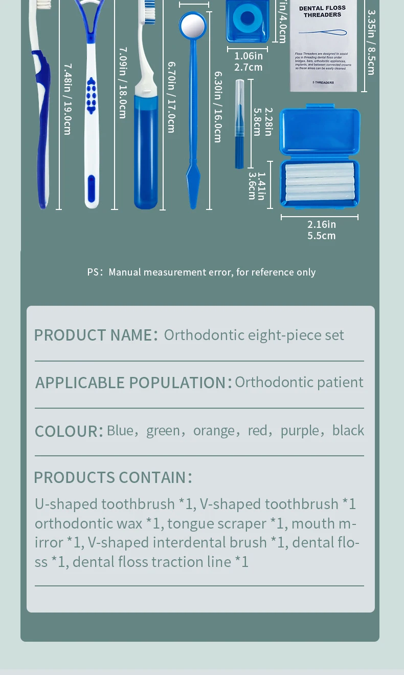 8Pcs Orthodontic Dental Care Brush Kit Teeth Cleaning Braces Toothbrush with Interdental Brush Floss Thread Ortho Wax Travel Kit