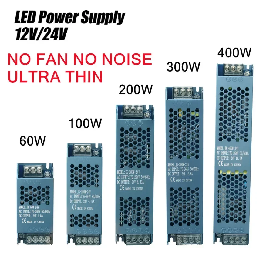 Ultra Thin 12V/24V LED Power Supply Adapter 60W 100W 200W 300W 400W Lighting Transformer 5A 12A LED Strip Switch Driver Lamp