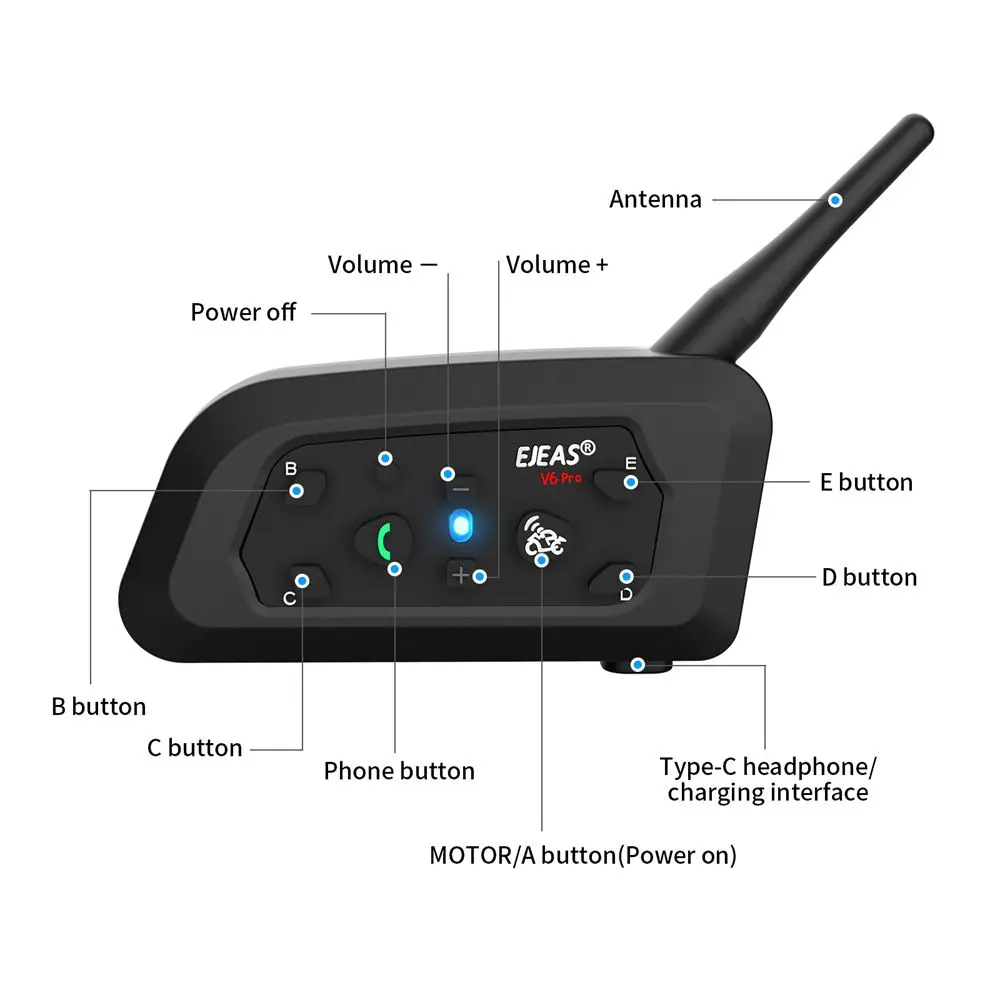 EJEAS V6 PRO +/PLUS Motorcycle Helmet Bluetooth Intercom Headset with 800M BT Interphone Communicator for 6 Riders Waterproof