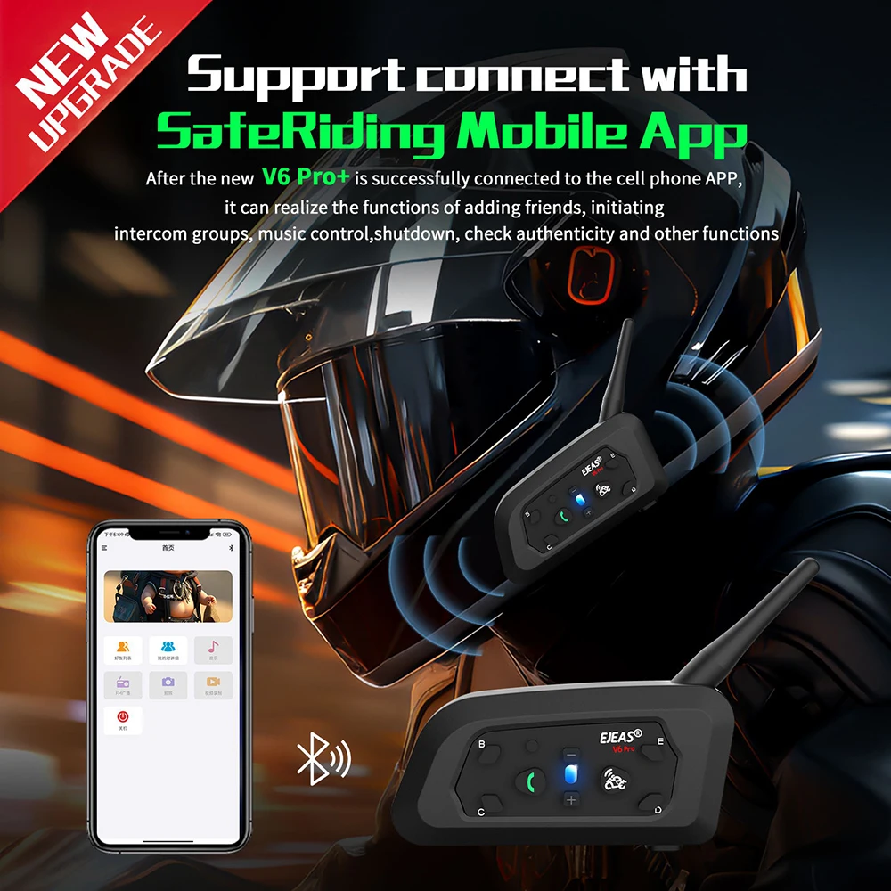 EJEAS V6 PRO +/PLUS Motorcycle Helmet Bluetooth Intercom Headset with 800M BT Interphone Communicator for 6 Riders Waterproof