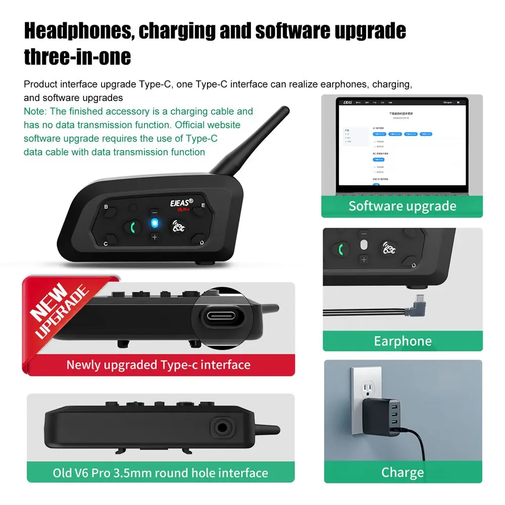 EJEAS V6 PRO +/PLUS Motorcycle Helmet Bluetooth Intercom Headset with 800M BT Interphone Communicator for 6 Riders Waterproof