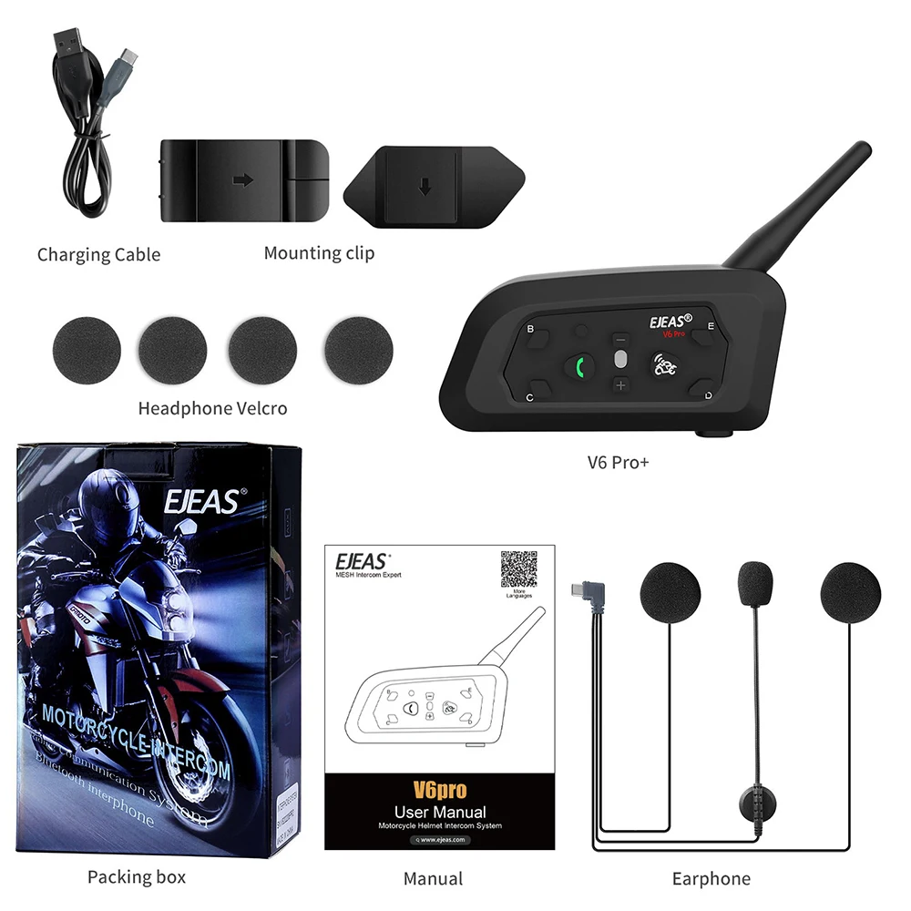EJEAS V6 PRO +/PLUS Motorcycle Helmet Bluetooth Intercom Headset with 800M BT Interphone Communicator for 6 Riders Waterproof