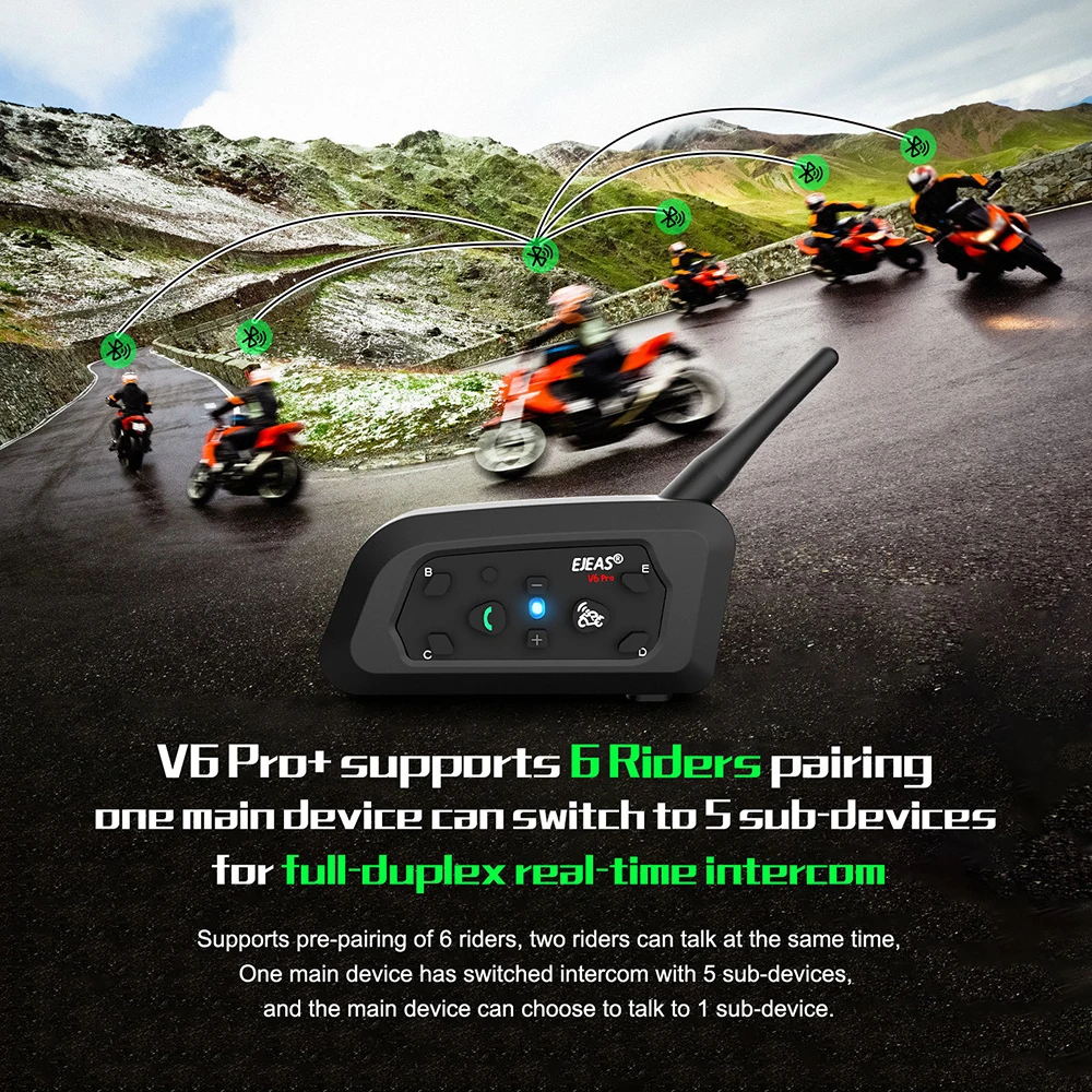 EJEAS V6 PRO +/PLUS Motorcycle Helmet Bluetooth Intercom Headset with 800M BT Interphone Communicator for 6 Riders Waterproof