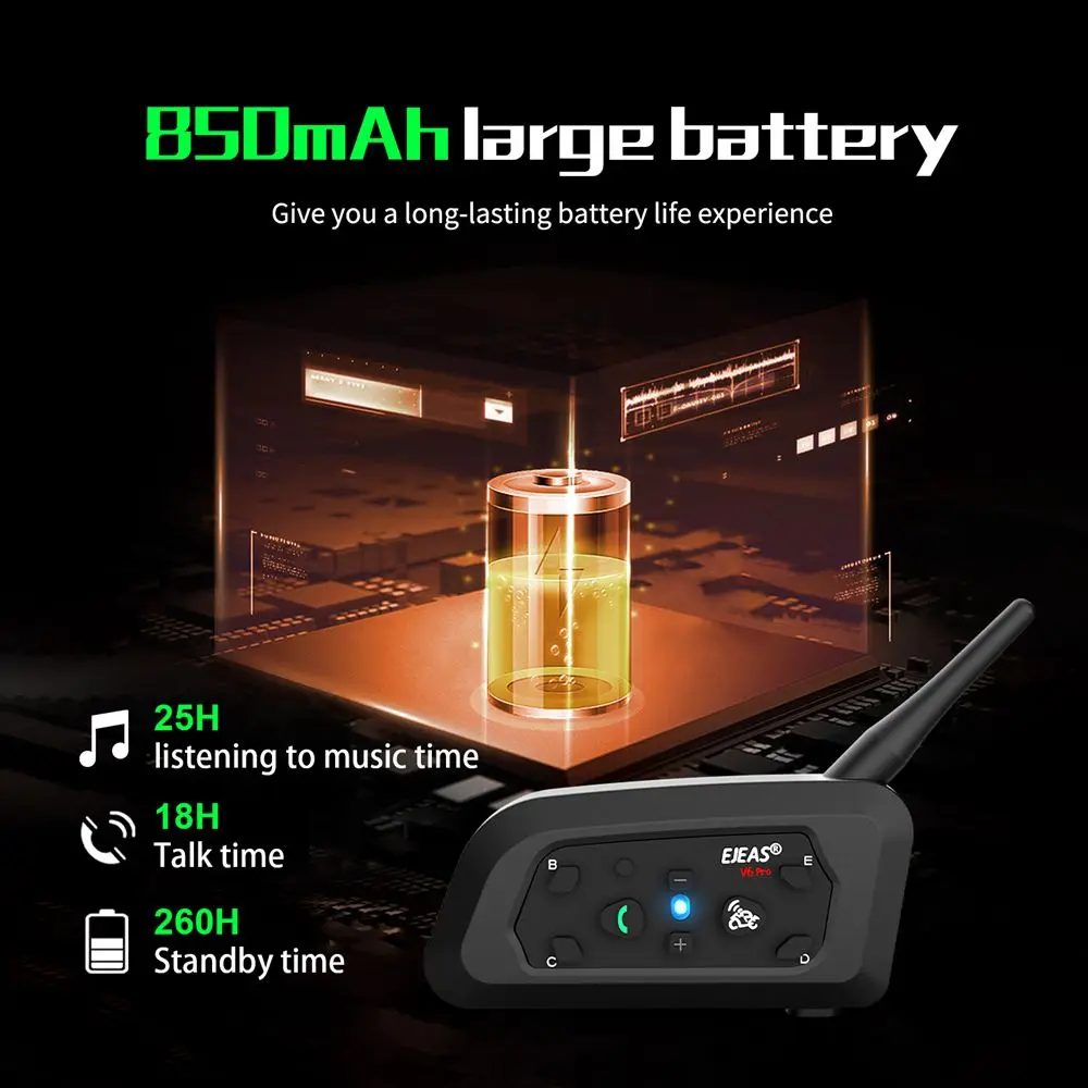 EJEAS V6 PRO +/PLUS Motorcycle Helmet Bluetooth Intercom Headset with 800M BT Interphone Communicator for 6 Riders Waterproof
