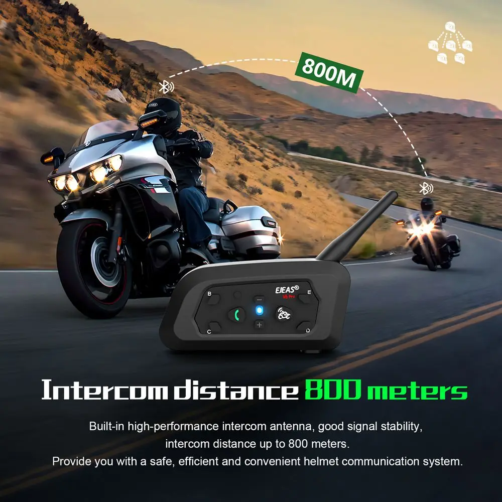 EJEAS V6 PRO +/PLUS Motorcycle Helmet Bluetooth Intercom Headset with 800M BT Interphone Communicator for 6 Riders Waterproof