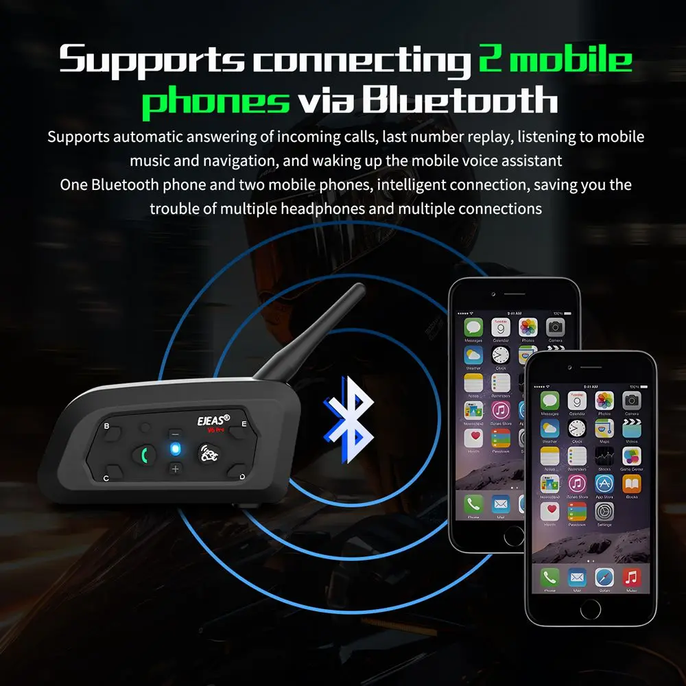 EJEAS V6 PRO +/PLUS Motorcycle Helmet Bluetooth Intercom Headset with 800M BT Interphone Communicator for 6 Riders Waterproof