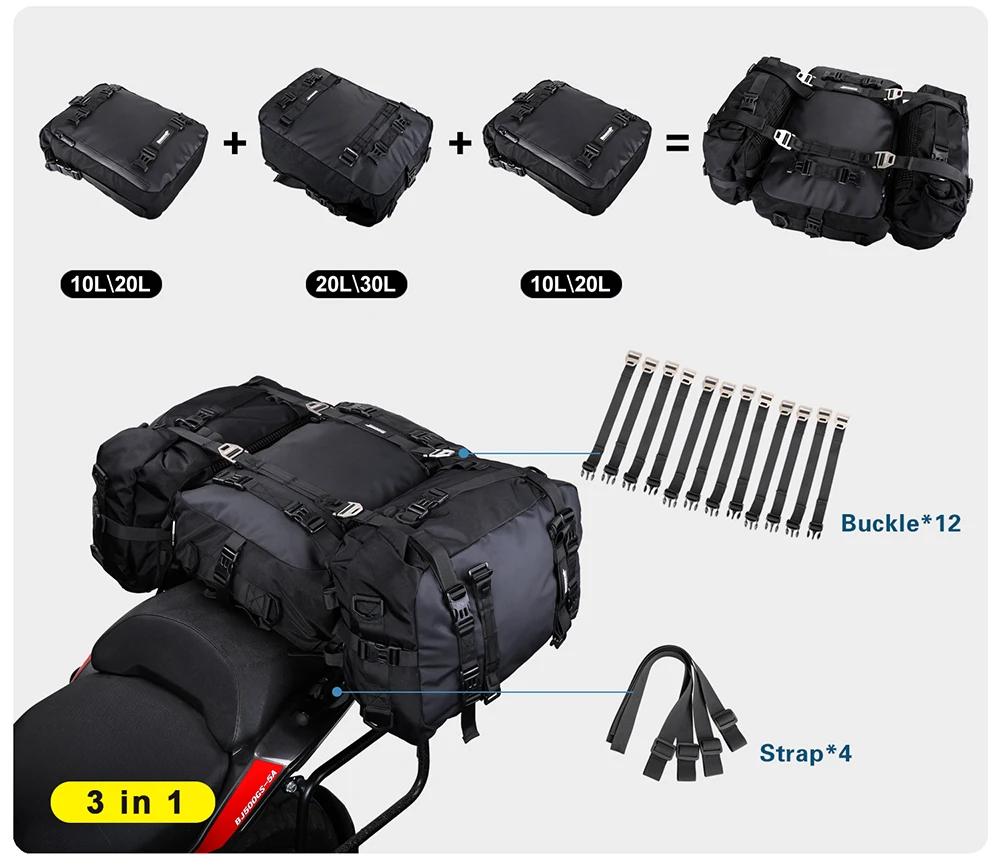 Rhinowalk Motorcycle Rear Seat Bag 10L Or 20L Or 30L Waterproof Saddle Side Bag Luggage Pack MultiFunction Shoulder Bag Backpack
