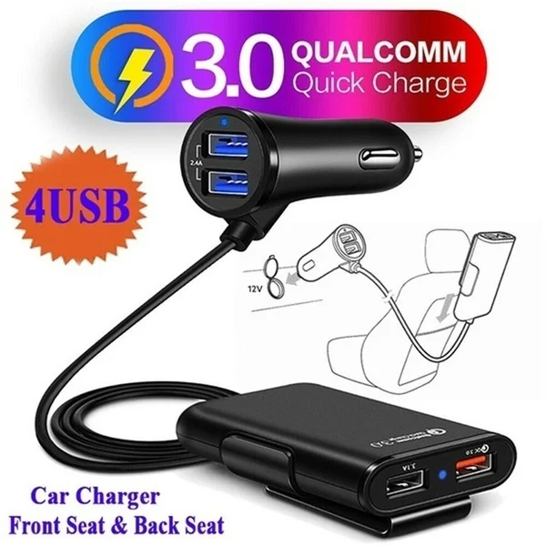 Universal 4 Ports USB Car Charger Front Seat Back Seat QC3.0 Quick Charging USB Adapter for Car Charger USB Fast Charger