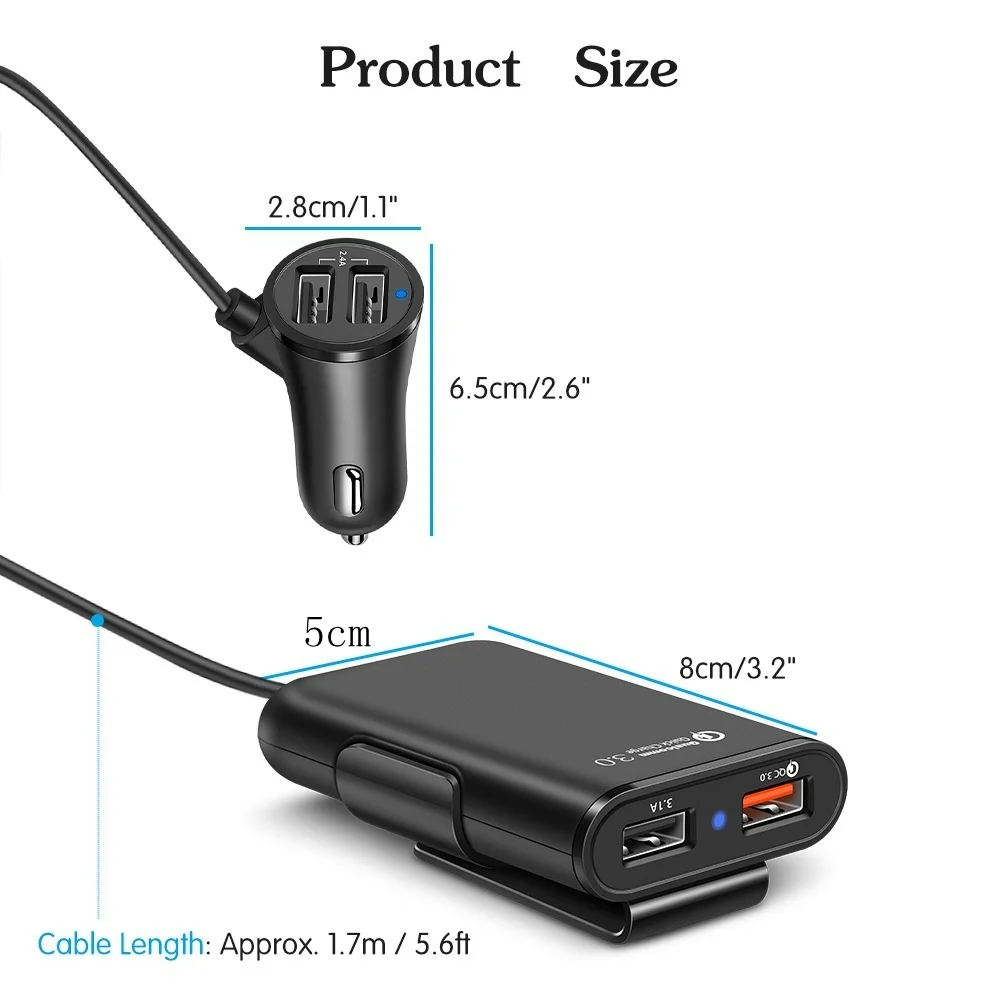 Universal 4 Ports USB Car Charger Front Seat Back Seat QC3.0 Quick Charging USB Adapter for Car Charger USB Fast Charger