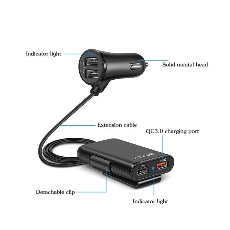 Universal 4 Ports USB Car Charger Front Seat Back Seat QC3.0 Quick Charging USB Adapter for Car Charger USB Fast Charger