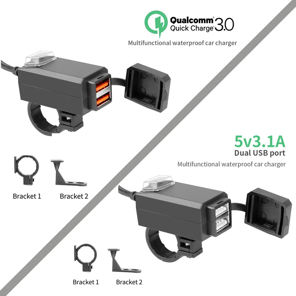 Motorcycle Vehicle-Mounted Charger Waterproof USB Adapter 12V Phone Dual USB Port Quick Charge 3.0 With Switch Moto Accessory