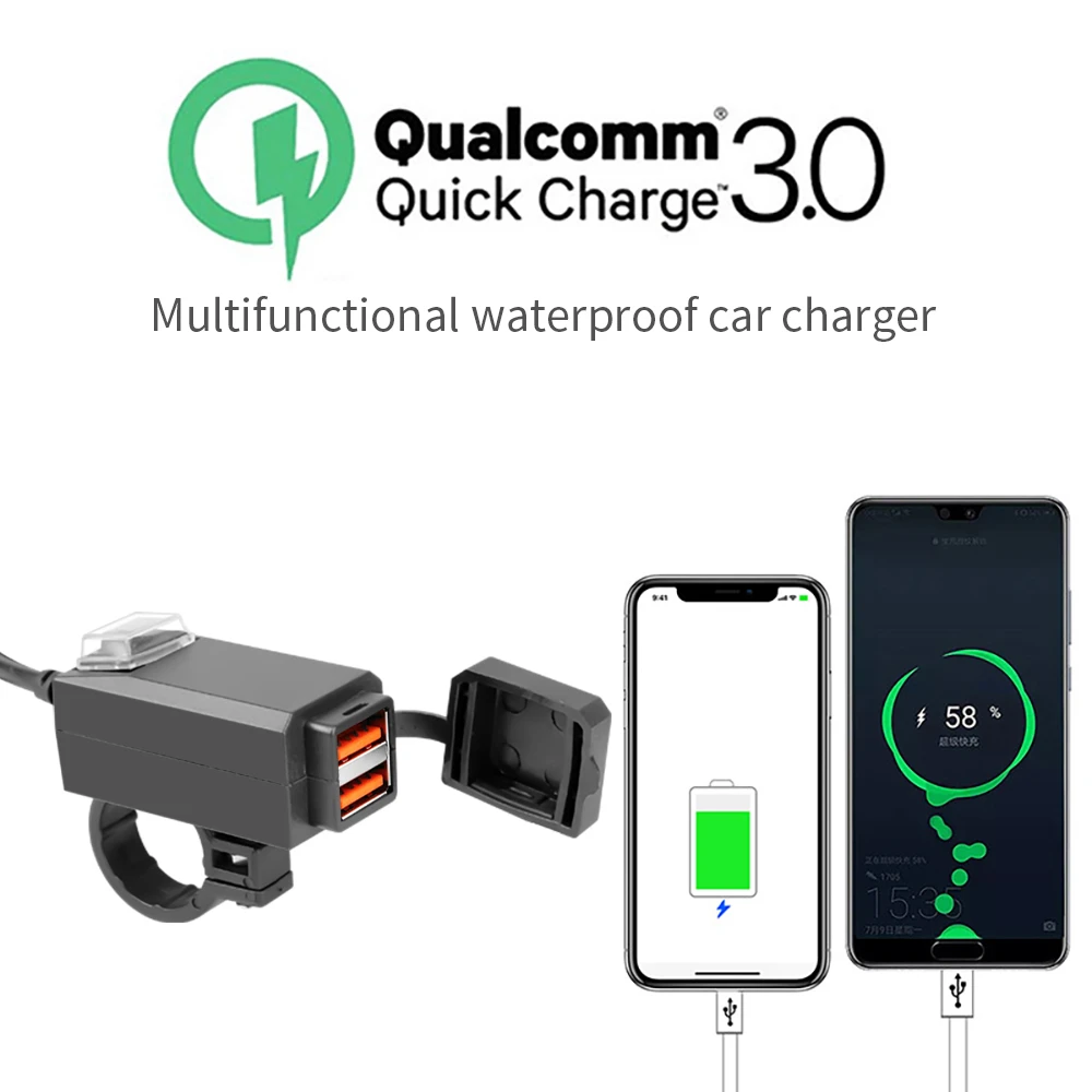 Motorcycle USB Charger QC3.0 Handlebar Fast Charging Waterproof 12V Socket Adapter With With ON/Off Switch For Phone Navigation