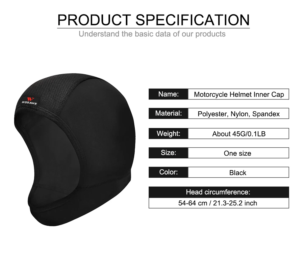WOSAWE Unisex Motorcycle Balaclava Bike Chin Cover Quick Dry Breathable Cycling Motocross Helmets Inner Lining Hat Headgear