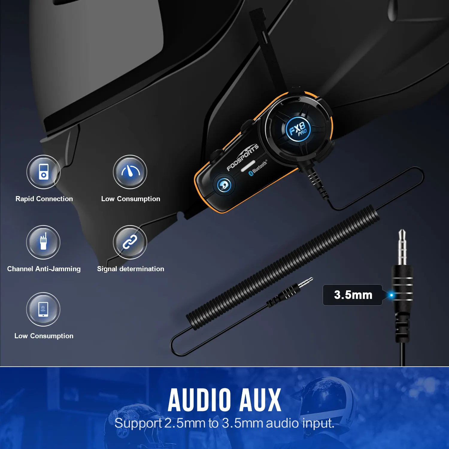 2pcs Fodsports FX8 Pro Motorcycle Helmet Intercom Bluetooth Headset Interphone,10 Riders 2000M,Dual Chip,Support APP.