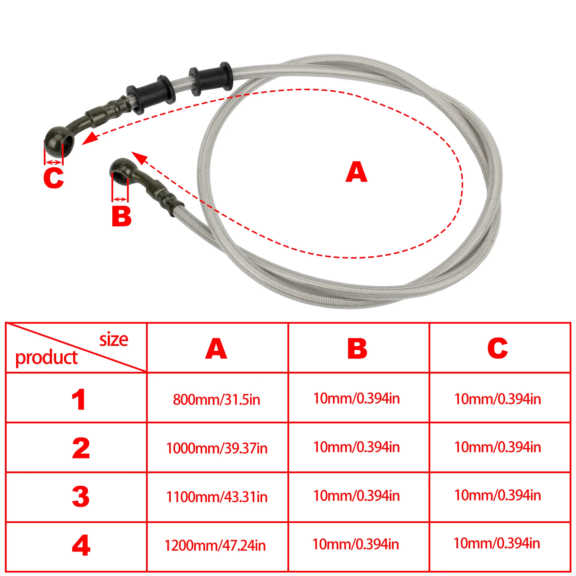 800mm/1000mm/1100mm/1200mm Motorcycle Brake Hose Kit - Stainless Steel Braided Hydraulic Brake Line for Universal Fitment