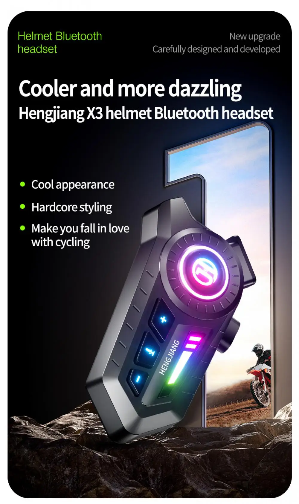 Motorcycle Bluetooth 6.0 Helmet Headset 1000mAh Moto Earphone Motorbike Hands Free Wireless Headphone with Ambient light