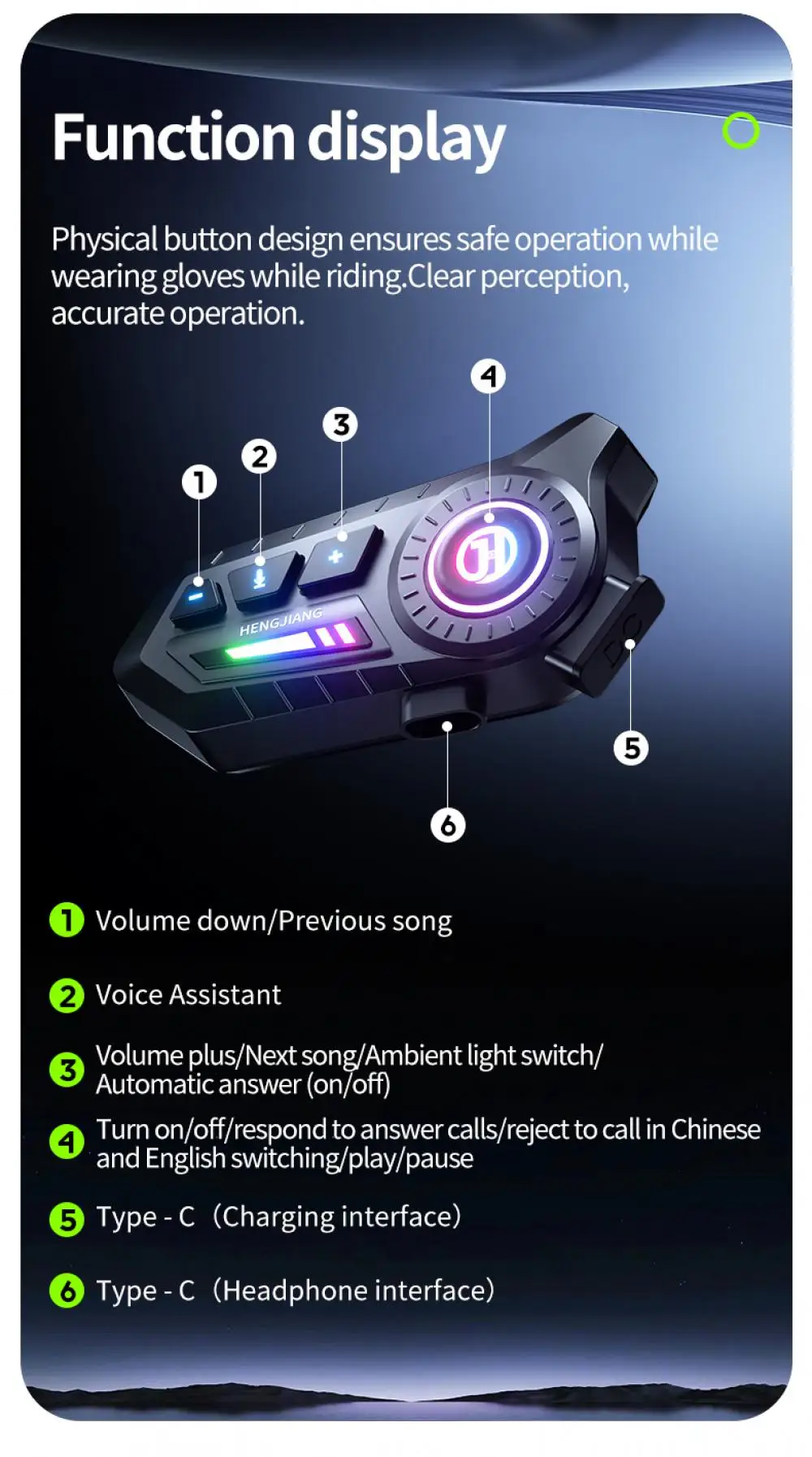 Motorcycle Bluetooth 6.0 Helmet Headset 1000mAh Moto Earphone Motorbike Hands Free Wireless Headphone with Ambient light
