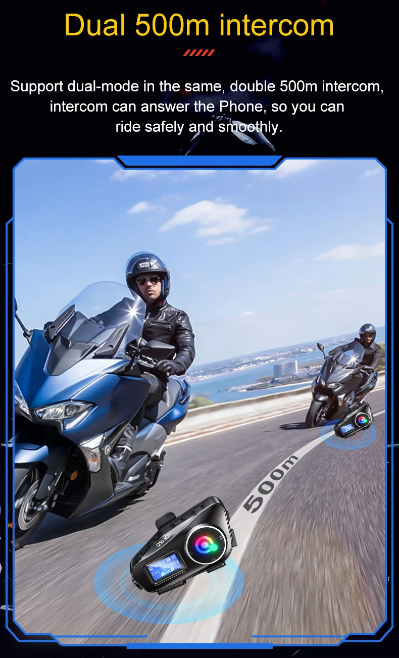 Q58 Max Motorcycle Helmet Bluetooth Intercom Supports Multi-Scene Mixed Music Sharing Intercom Distance 500 Meters