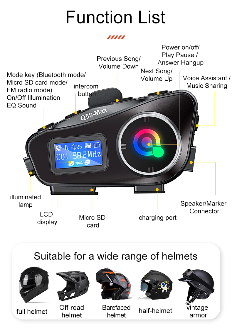 Q58 Max Motorcycle Helmet Bluetooth Intercom Supports Multi-Scene Mixed Music Sharing Intercom Distance 500 Meters