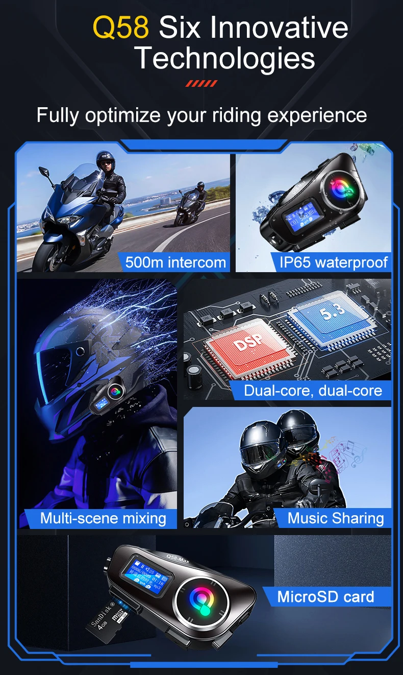 Q58 Max Motorcycle Helmet Bluetooth Intercom Supports Multi-Scene Mixed Music Sharing Intercom Distance 500 Meters
