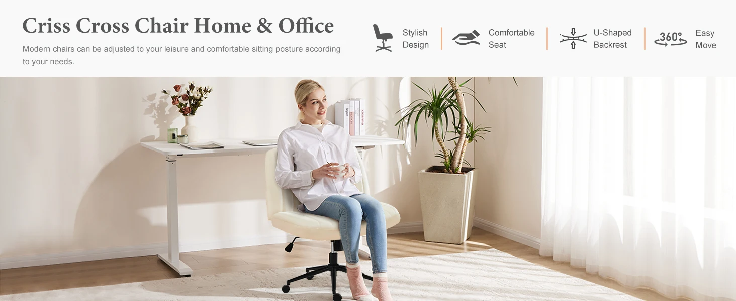 JHK Armless Cross Office Chairs with Wheels PU Leather Swivel Living Room Desk Chair Height Adjustable Support Seat Furniture