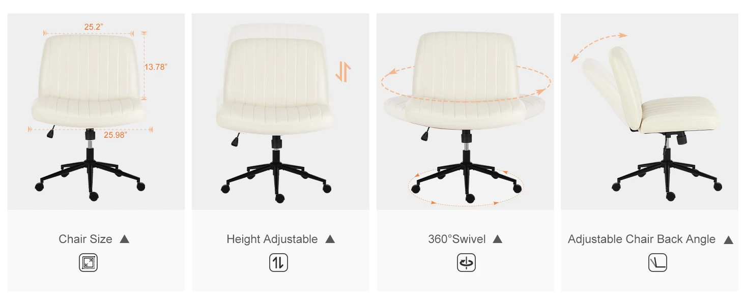 JHK Armless Cross Office Chairs with Wheels PU Leather Swivel Living Room Desk Chair Height Adjustable Support Seat Furniture