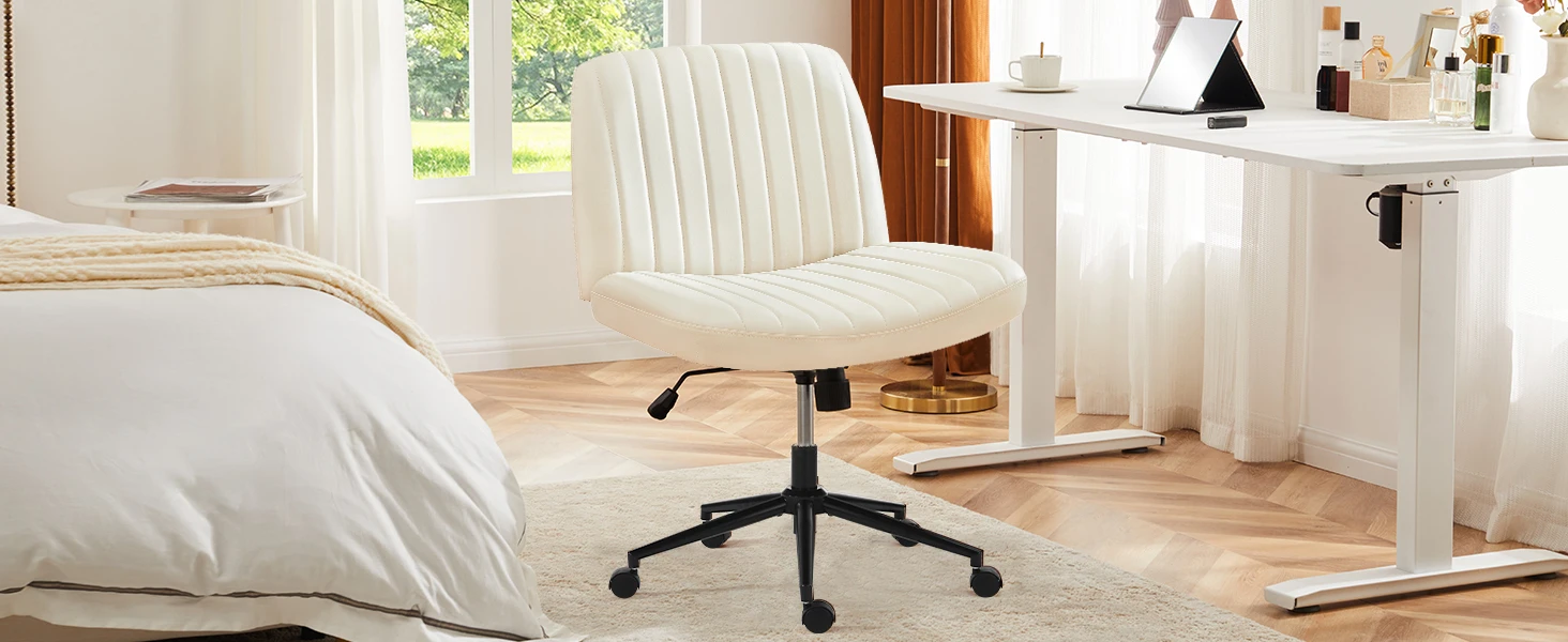 JHK Armless Cross Office Chairs with Wheels PU Leather Swivel Living Room Desk Chair Height Adjustable Support Seat Furniture