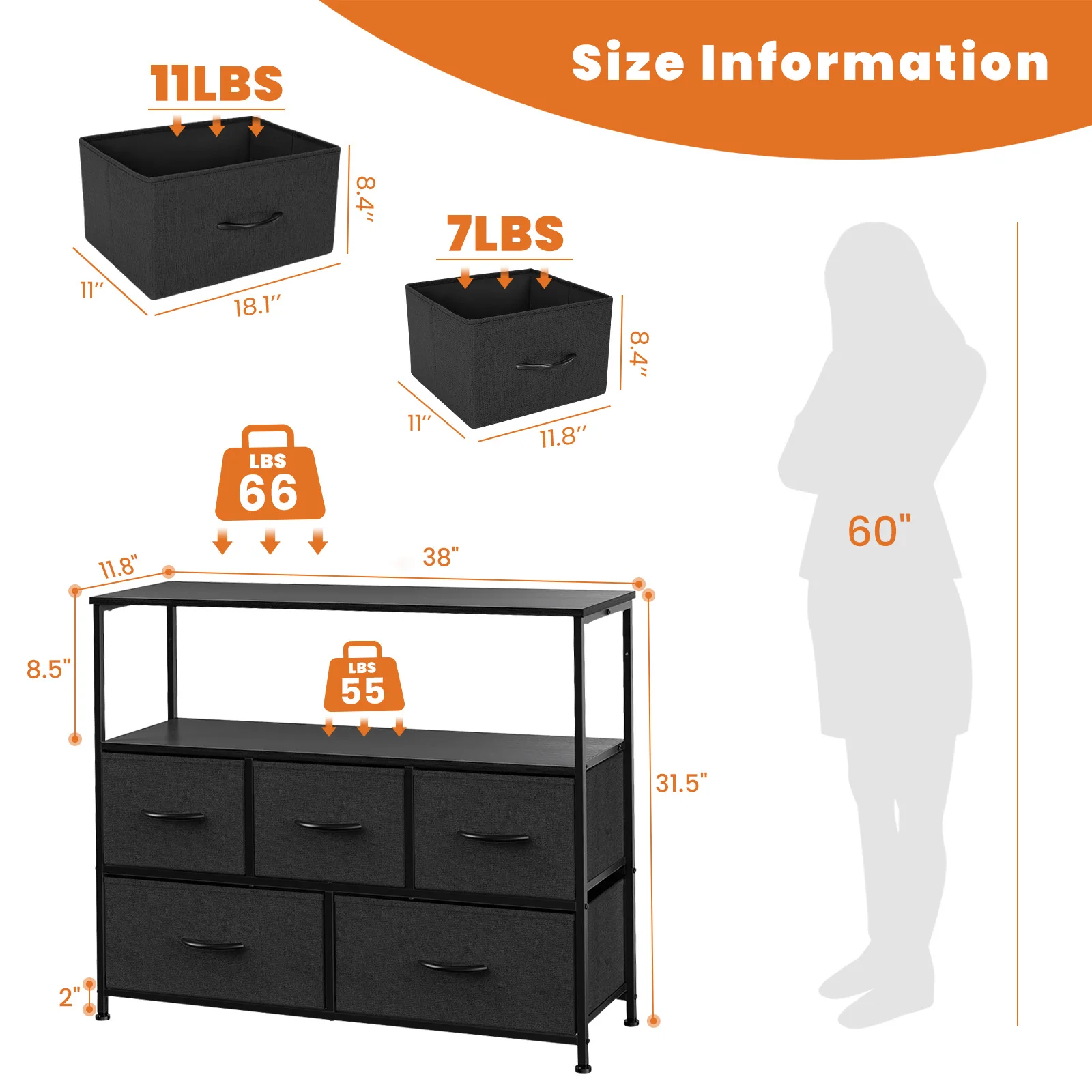 JHK Shoe Cabinet Dresser With 5 Fabric Drawers Toy Storage TV Stand Multilayer Shoe Rack Space Saving Cabinet Of Home Furniture