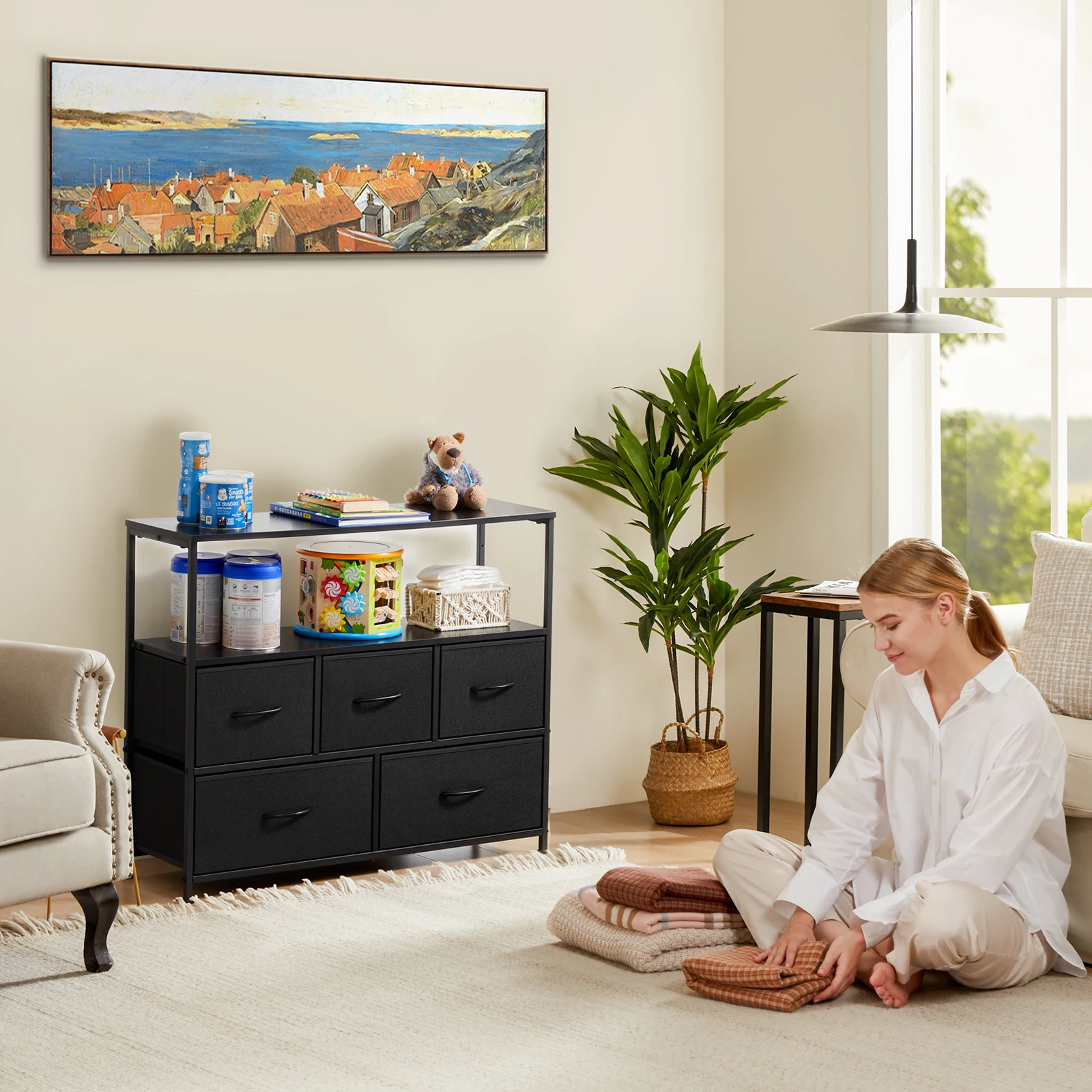JHK Shoe Cabinet Dresser With 5 Fabric Drawers Toy Storage TV Stand Multilayer Shoe Rack Space Saving Cabinet Of Home Furniture