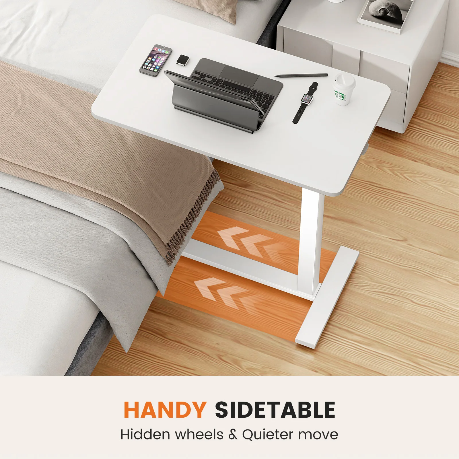 JHK Overbed Bedside Sofa Table with Hidden Wheels Adjustable Height Home Use Bed Table Laptop Mobile Standing Desk For Bedroom